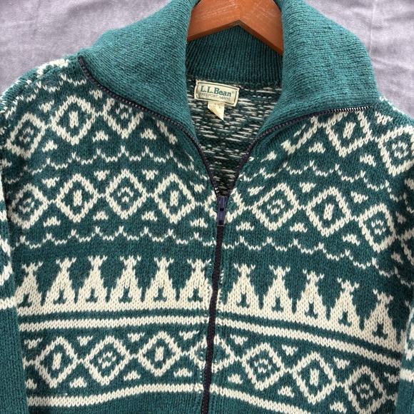 VTG LL Bean Wool Jacket Mens XL Snowflake Green Sweater Made In USA - Picture 2 of 4